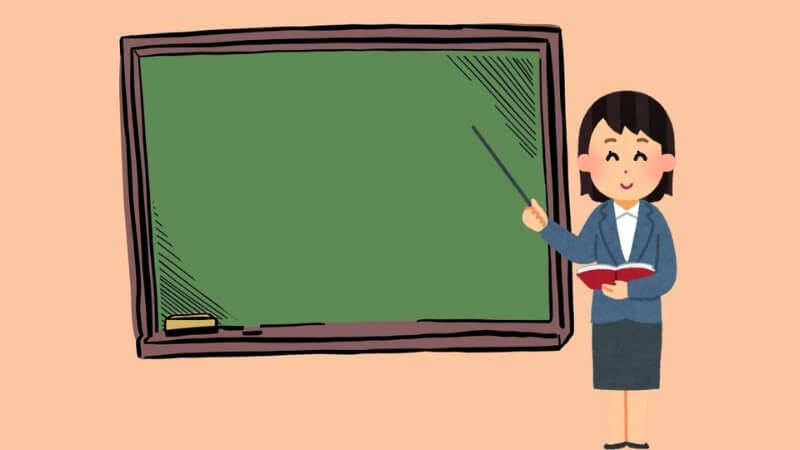 Hình minh họa chibi cô giáo cầm phấn bên bảng.