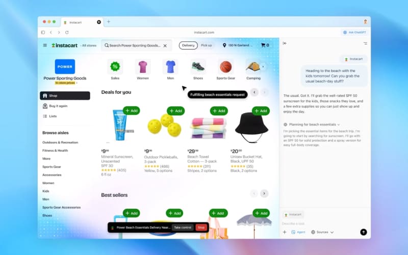 Chế độ tác nhân" của Atlas, ChatGPT xuất hiện bên phải, giúp người dùng mua sắm