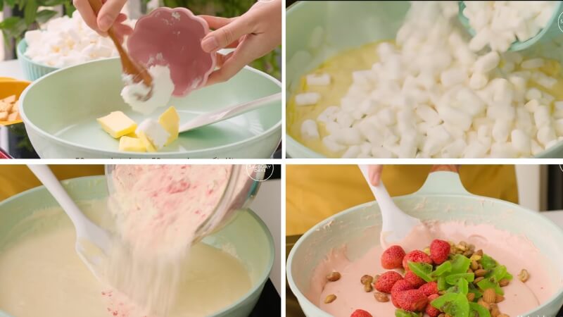 Bước 1 là nấu hỗn hợp nougat dâu Bước 1 là nấu hỗn hợp nougat dâu