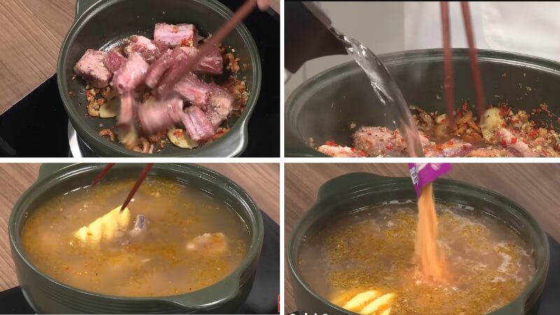 Bước 3: Xào sườn và nấu nước dùng Bước 3: Xào sườn và nấu nước dùng