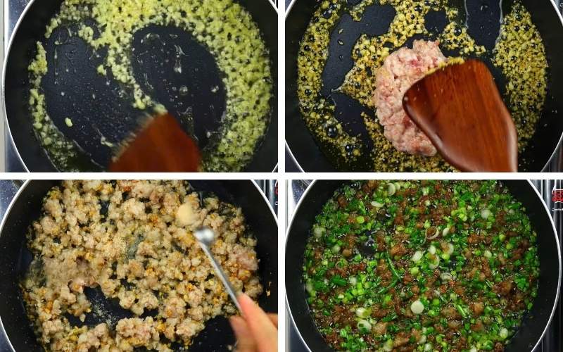 Xào thịt băm với hành lá và gia vị cho thơm ngon, đậm vị
