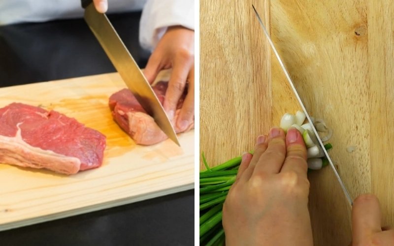 Sơ chế thịt, tỏi và hành lá để chuẩn bị nấu cơm thịt heo