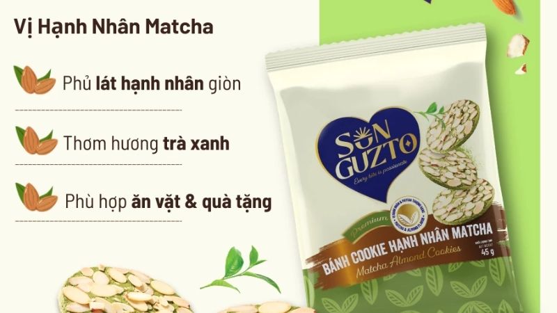Bánh Sun Guzto cookie hạnh nhân matcha thơm nhẹ trà xanh, giòn tan, tươi mới vị giác