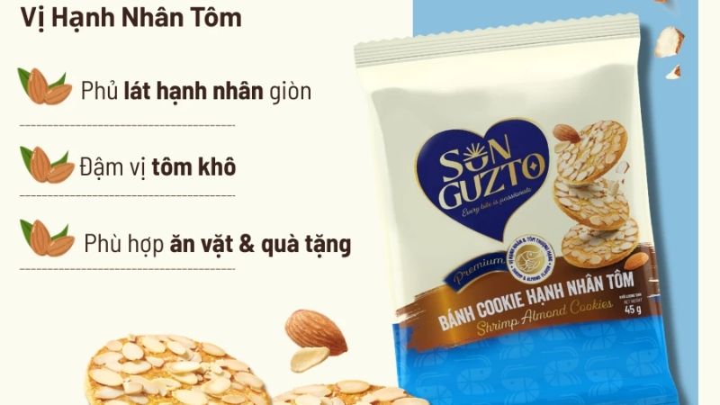 Bánh Sun Guzto cookie hạnh nhân tôm mang vị mặn nhẹ độc đáo, kết hợp hạnh nhân giòn