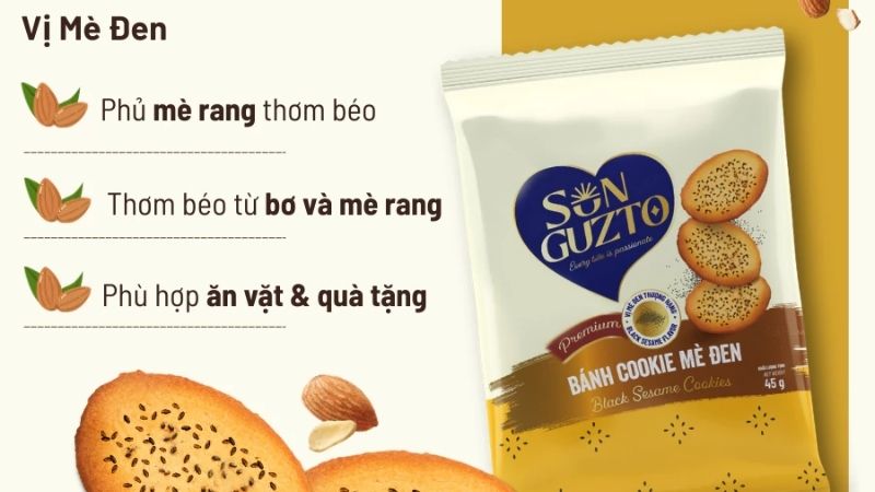Bánh Sun Guzto cookie hạnh nhân mè đen giòn thơm, vị bùi đặc trưng