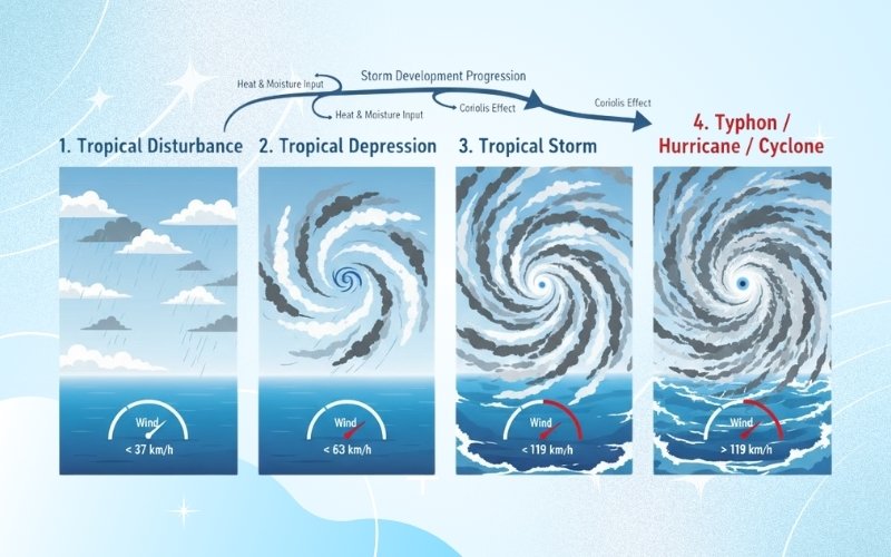Bão hình thành qua các giai đoạn từ nhiễu động nhiệt đới đến siêu bão