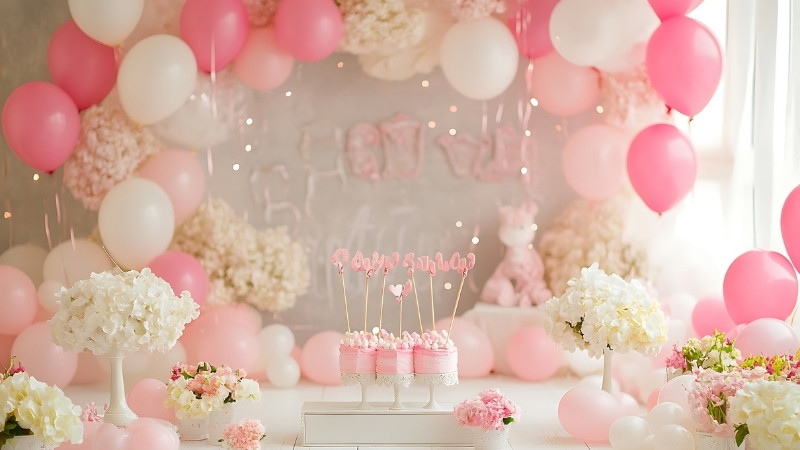 Mẫu trang trí sinh nhật cho bé gái tông hồng