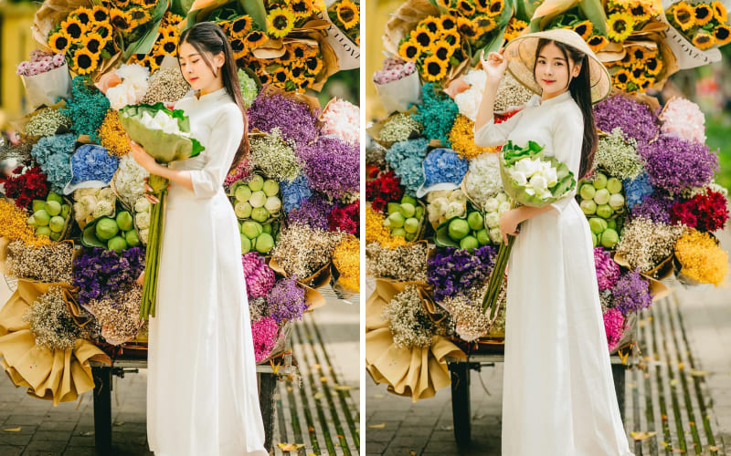 Cô gái Việt Nam bên xe hoa vào mùa thu Hà Nội