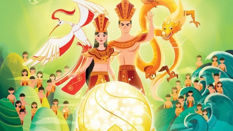 Âu Cơ sinh ra một cái bọc trăm trứng, sau đó nở thành một trăm người con trai khôi ngô