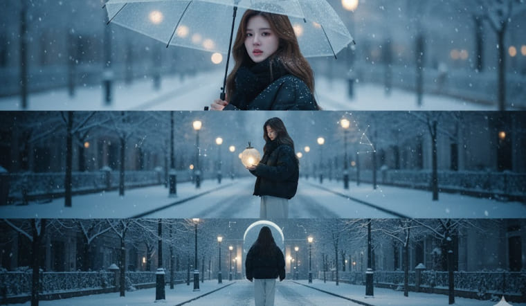 Bắt trend ngay với prompt AI cầm ô đi dưới trời tuyết mùa đông