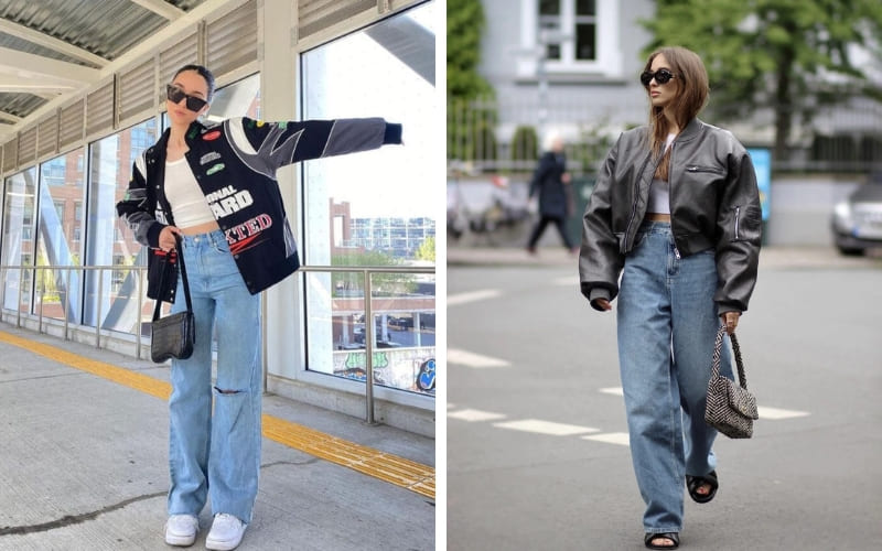 Set 10 kết hợp áo len mỏng, bomber, quần jeans.