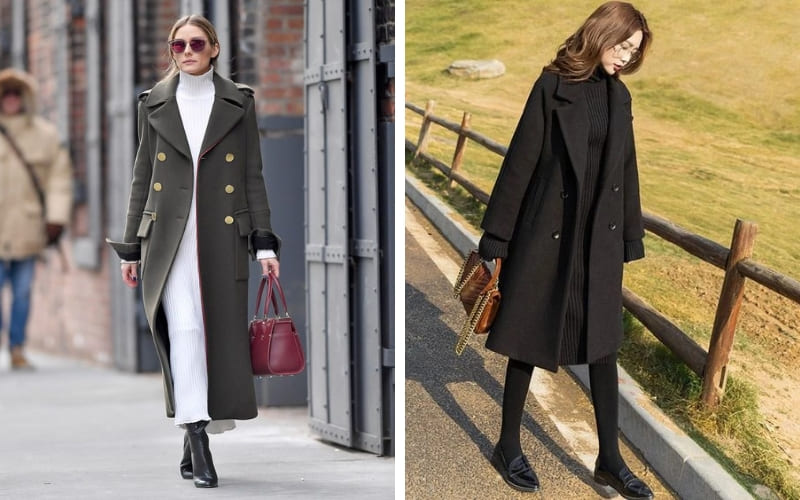 Set 2 kết hợp áo khoác dạ, đầm len body, boots.