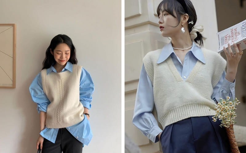 Set 4 gồm áo sơ mi, gile len, quần âu.