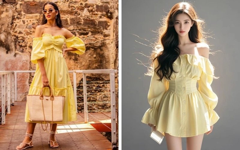 Váy trễ vai vàng bơ đem lại vẻ tươi tắn, ngọt ngào đầy sức sống