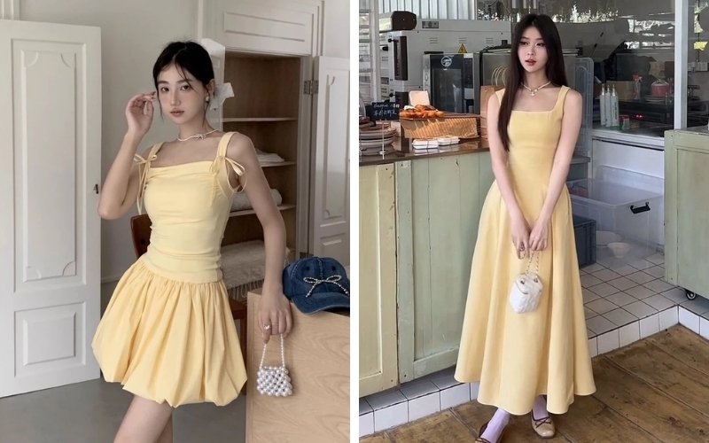 Váy 2 dây vàng bơ tôn dáng, mang lại vẻ quyến rũ tinh tế.