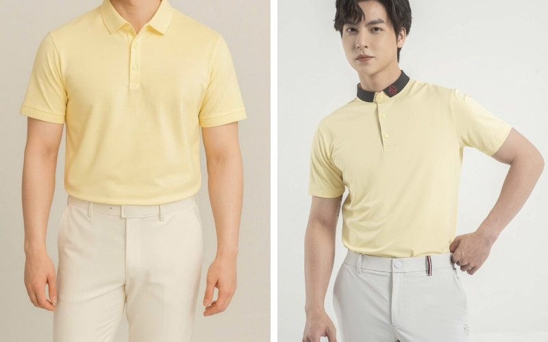 Áo polo vàng bơ cùng quần tây giúp tổng thể nhã nhặn, tinh tế
