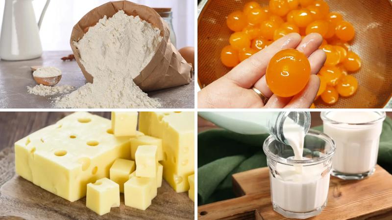 Nguyên liệu làm món bánh tiêu trứng chảy phô mai Nguyên liệu làm món bánh tiêu trứng chảy phô mai