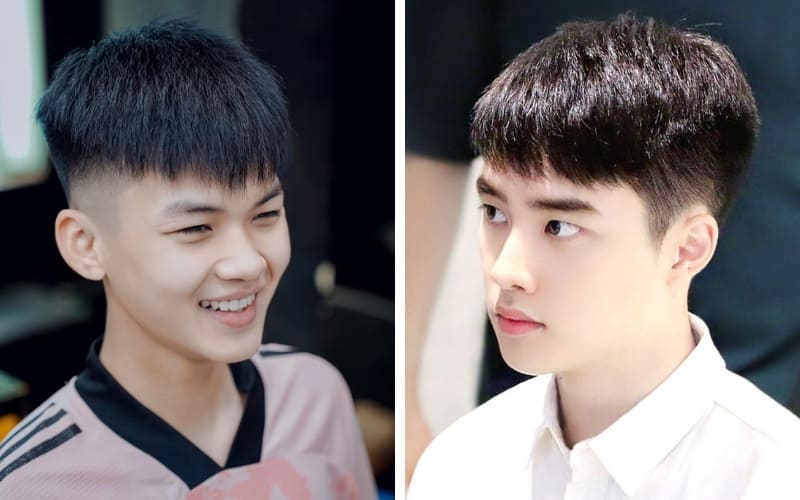 Mái ngắn hai bên, gáy cắt gọn, đỉnh bồng bềnh.