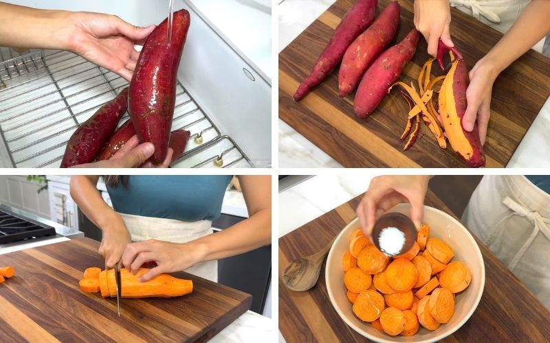 Chuẩn bị khoai tươi và gia vị để món kẹo ngọt đều Chuẩn bị khoai tươi và gia vị để món kẹo ngọt đều