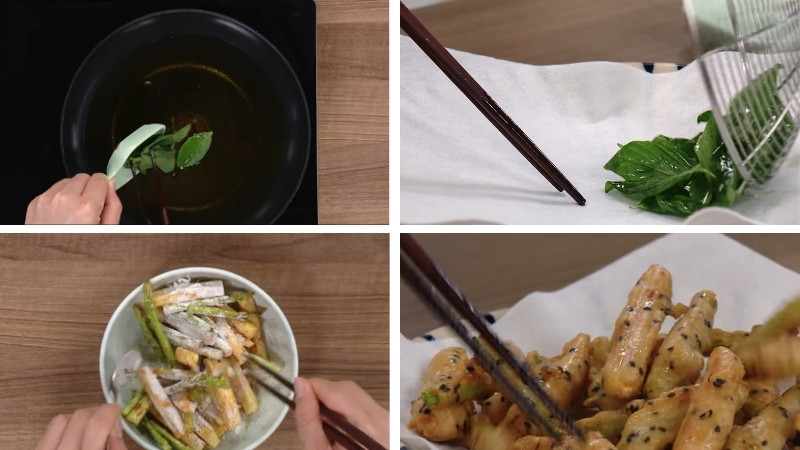 Chiên lá quế, khoai lang và măng tây Chiên lá quế, khoai lang và măng tây