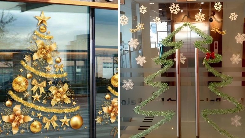 Trang trí cửa kính với dây thông