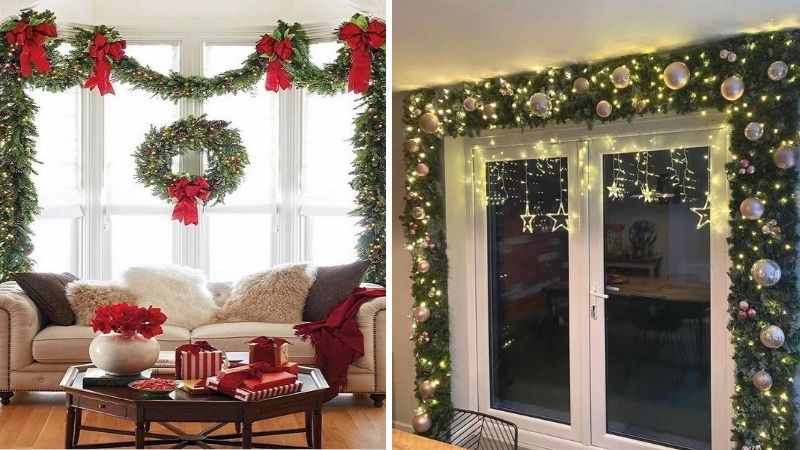 Trang trí cửa kính Noel bằng dây kim tuyến