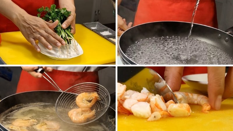 Bước 2: Sơ chế tôm và ngò rí Bước 2: Sơ chế tôm và ngò rí