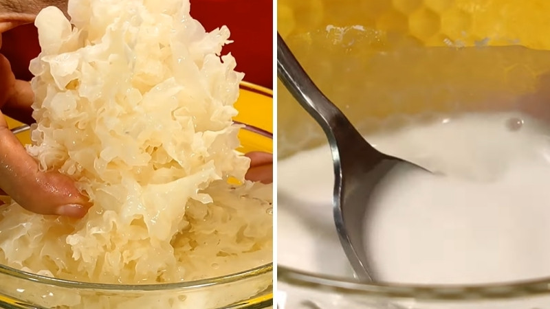 Bước 1: Sơ chế nấm tuyết và chuẩn bị bột Bước 1: Sơ chế nấm tuyết và chuẩn bị bột