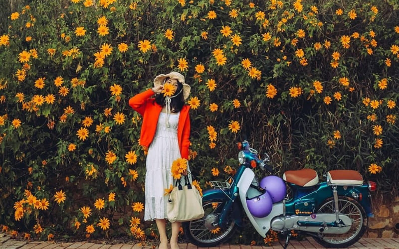 Du khách sử dụng xe máy linh hoạt, dễ dừng chụp ảnh.
