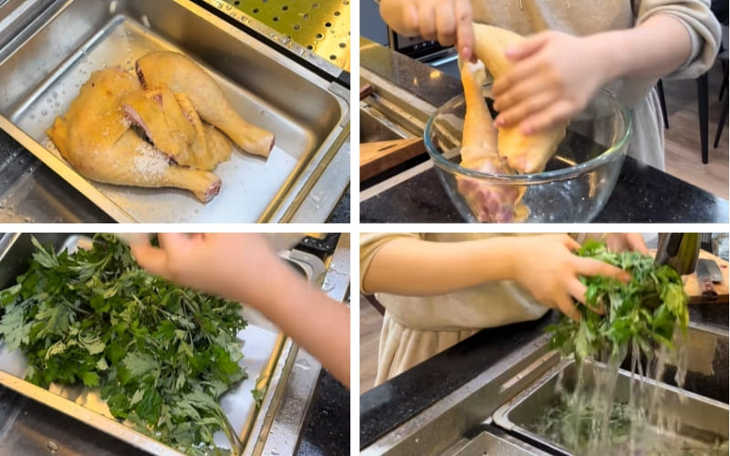 Gà và rau ngải cứu được sơ chế sạch sẽ, chuẩn bị nấu.