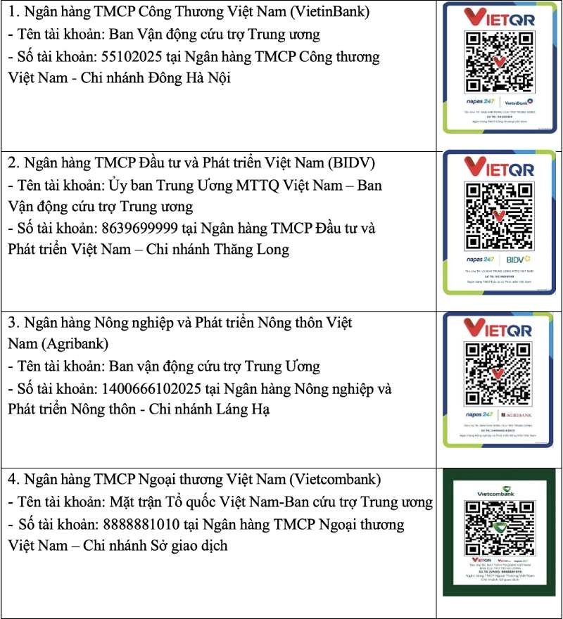 Các tài khoản CÔNG KHAI thông tin ủng hộ