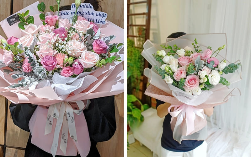 Bó hoa đa sắc tạo cảm giác vui tươi và sinh động.