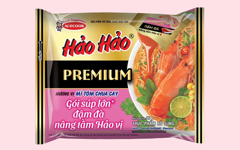 Mì Hảo Hảo Premium – Mì Nước Tôm Chua Cay (gói màu hồng)