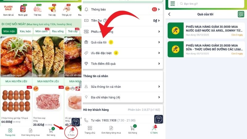 Kiểm tra phiếu trúng thưởng ở mục "Quà của tôi" trên app Bách hóa XANH
