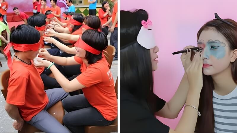 Bịt mắt ăn sữa chua/trang điểm