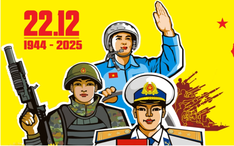 Phông nền tươi sáng với ba chiến sĩ đại diện cho các quân chủng và biểu tượng Cổng thành