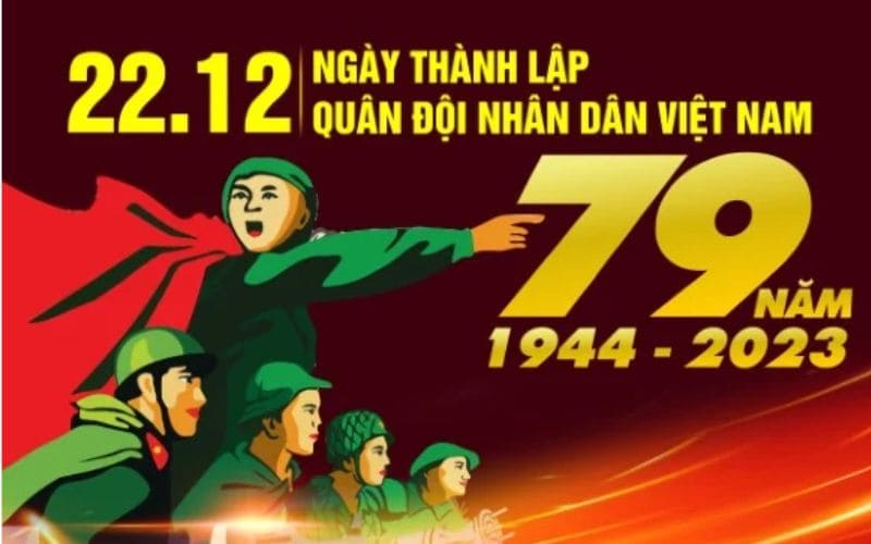 Poster năng động kỷ niệm 79 năm với hình ảnh bộ đội tiến bước vững vàng bảo vệ Tổ quốc