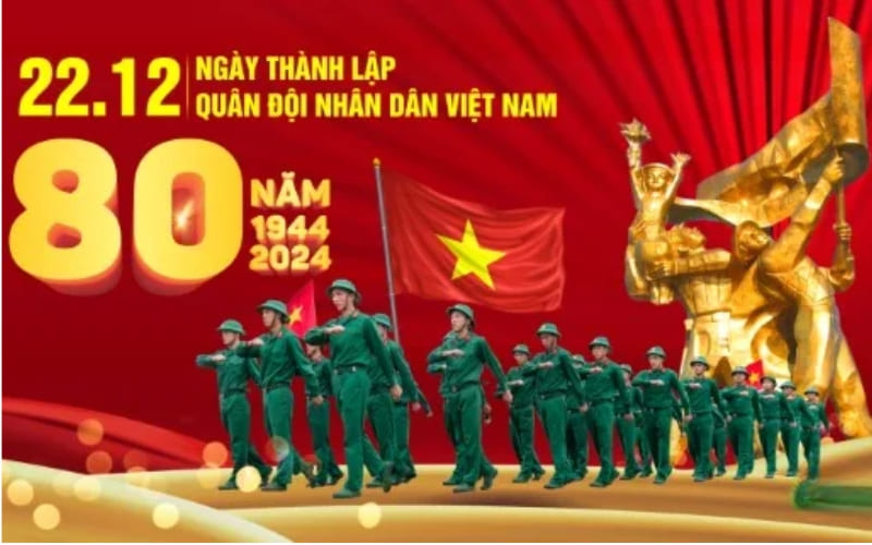 Background lễ kỷ niệm 80 năm với đội ngũ chiến sĩ diễu hành và tượng đài vàng