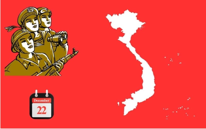 Background tối giản với hình ảnh nữ quân nhân, lịch ngày 22/12 và bản đồ Việt Nam