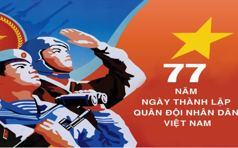 Background nghệ thuật poster kỷ niệm 77 năm với hình ảnh chiến sĩ hải quân chào cờ