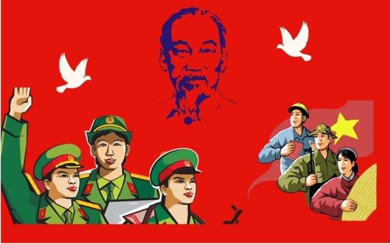 Biểu tượng hòa bình với hình ảnh bộ đội và nhân dân đoàn kết một lòng