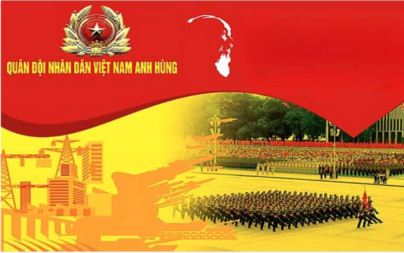 Background trang trọng với hình ảnh lễ duyệt binh và biểu tượng Quân đội nhân dân Việt Nam anh hùng