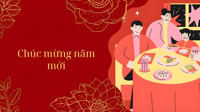 Các chi tiết nhỏ xinh như hoa đào, pháo giấy, bao lì xì hoạt hình.