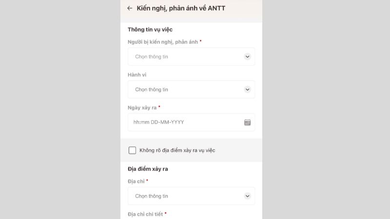 Điền đầy đủ thông tin vụ việc Điền đầy đủ thông tin vụ việc