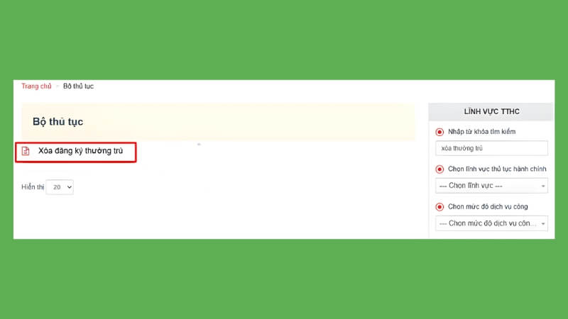 Chọn “Xóa đăng ký thường trú” → Nộp hồ sơ Chọn “Xóa đăng ký thường trú” → Nộp hồ sơ