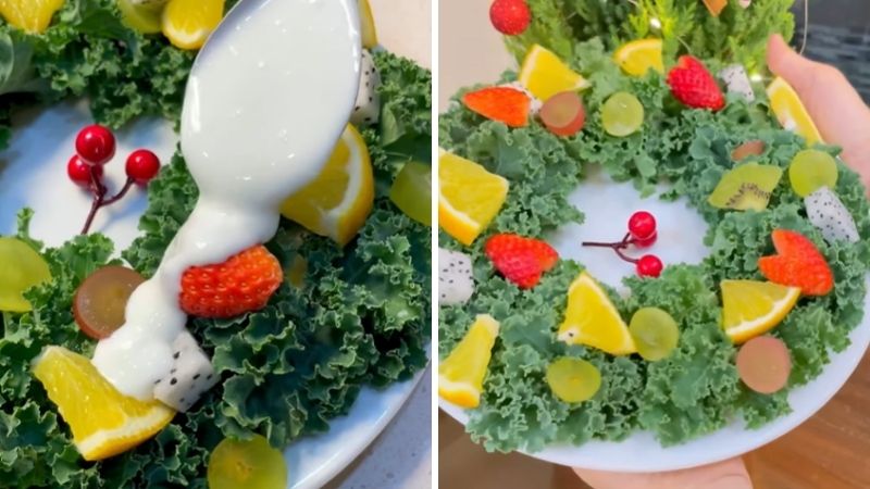 Bước 3: Thêm trái cây và sữa chua vào đĩa salad