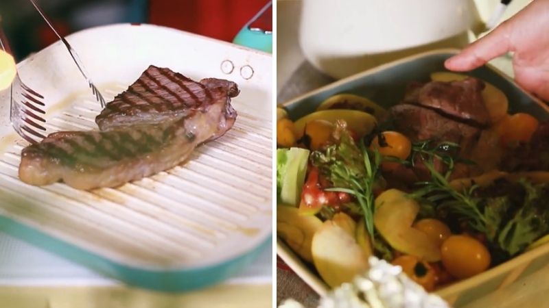 Bước 4: Áp chảo thịt bò và trộn salad