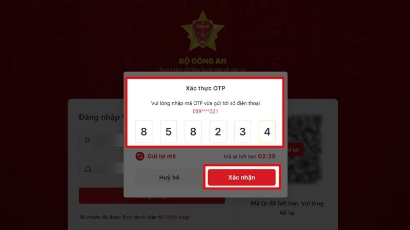 Nhập mã OTP và bấm xác nhận