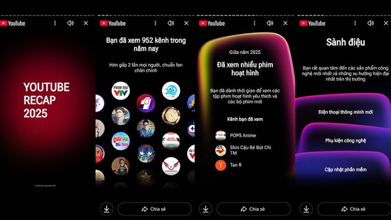 Những danh mục thống kê trong YouTube Recap 2025 gồm video xem nhiều nhất, kênh yêu thích, xu hướng nổi bật,... Những danh mục thống kê trong YouTube Recap 2025 gồm video xem nhiều nhất, kênh yêu thích, xu hướng nổi bật,...