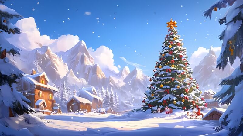 Hình Giáng sinh phong cảnh tuyết nhà gỗ nhỏ ven rừng với khói bếp và mái phủ tuyết trắng mịn